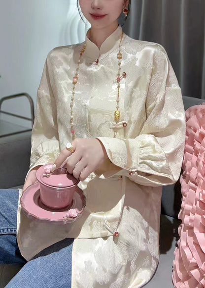 French Apricot Stand Collar Print Silk Blouses Spring Ada Fashion