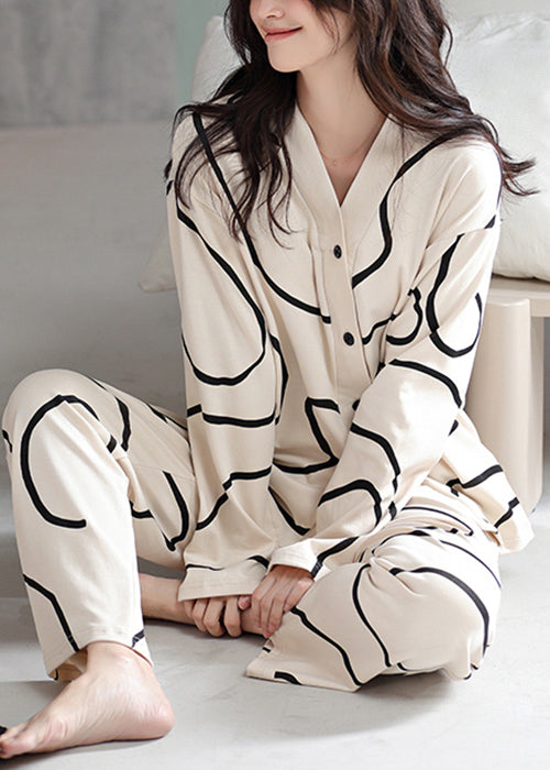 Piece Striped Two Apricot Button Set Pajamas Fall French Cotton