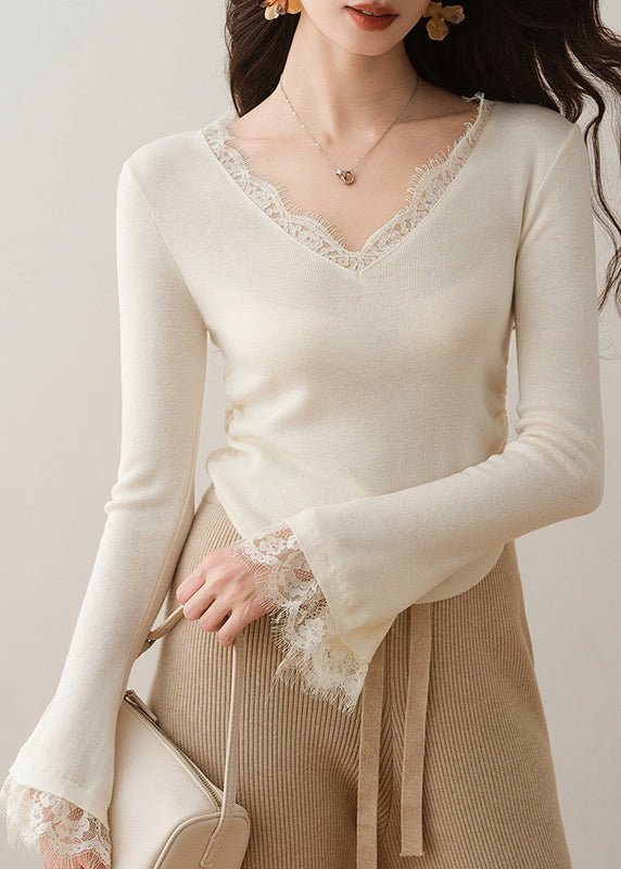 French Apricot V-Ausschnitt Spitze Patchwork Stricktop Flare Ärmel TH030