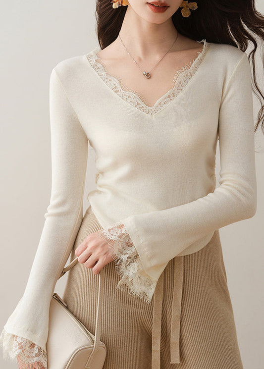 French Apricot V-Ausschnitt Spitze Patchwork Stricktop Flare Ärmel TH030