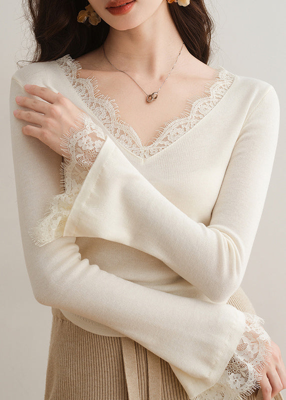 French Apricot V-Ausschnitt Spitze Patchwork Stricktop Flare Ärmel TH030