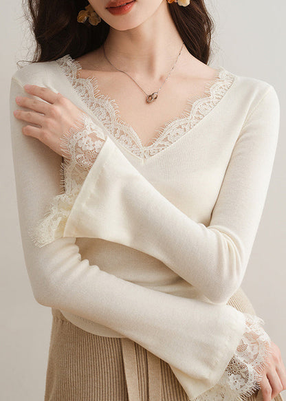 French Apricot V-Ausschnitt Spitze Patchwork Stricktop Flare Ärmel TH030