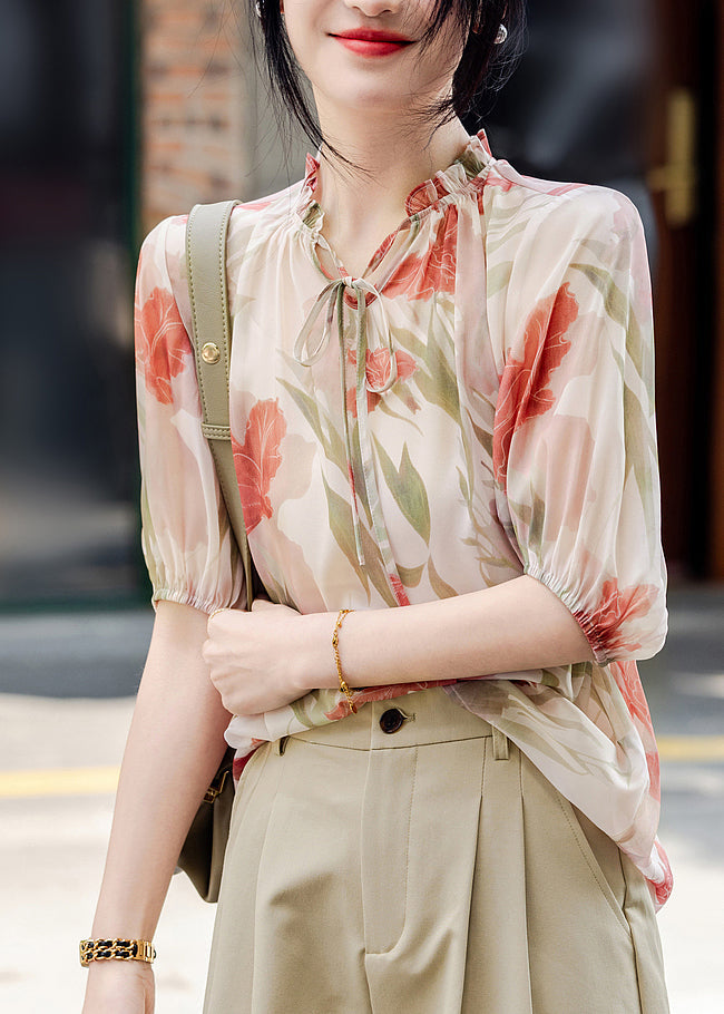 French Apricot V Neck Print Chiffon Top Summer WW011