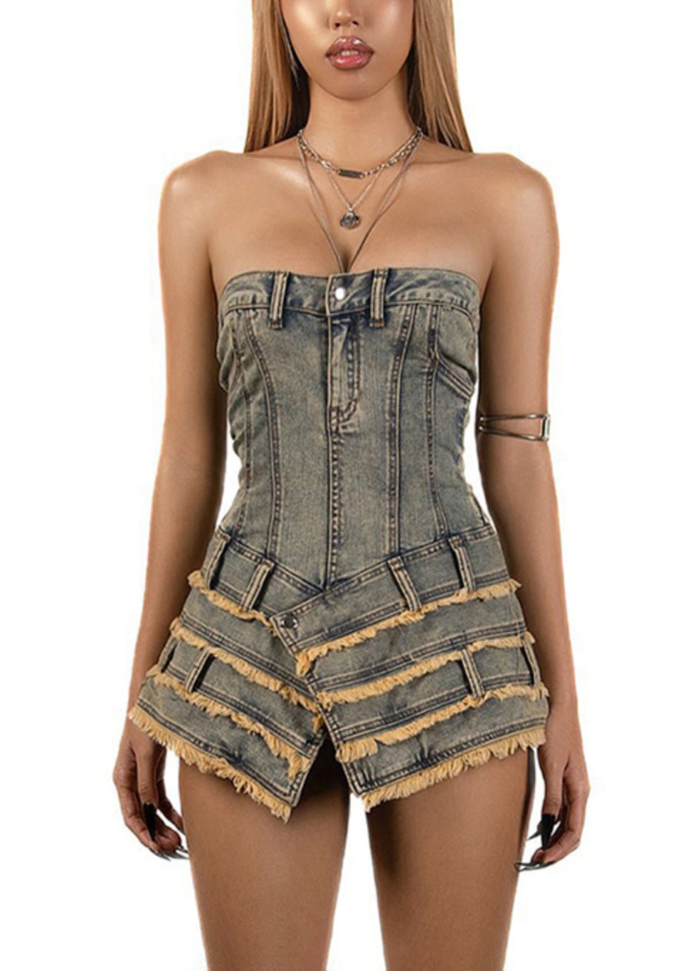 Kleider Französisch Denim Ärmellos Asymmetrisch Mini Trägerlos