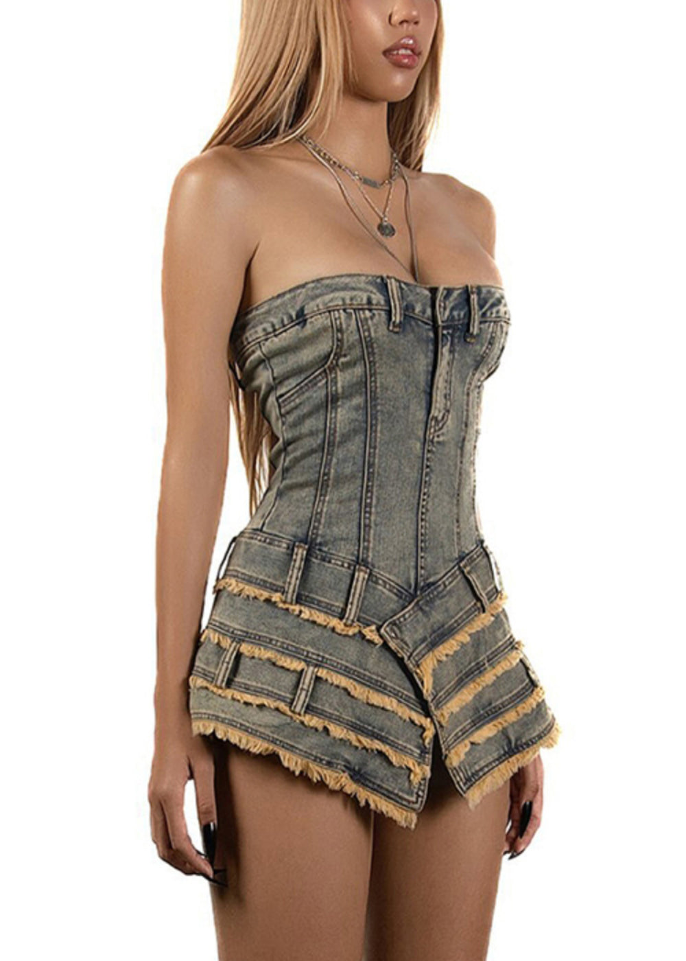 Kleider Französisch Denim Ärmellos Asymmetrisch Mini Trägerlos
