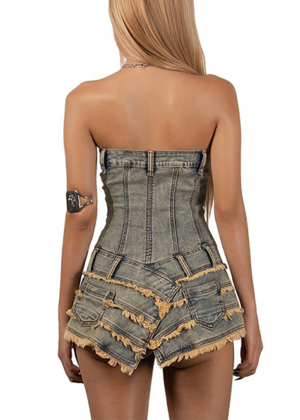 Kleider Französisch Denim Ärmellos Asymmetrisch Mini Trägerlos
