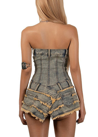 Kleider Französisch Denim Ärmellos Asymmetrisch Mini Trägerlos