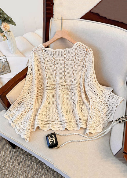 Flare Beige Top Hollow Sleeve Cozy Out French Knit