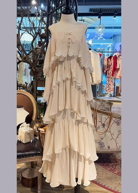 Träger Beige Spitze Spaghetti Dress Up Französisch Ärmellos
