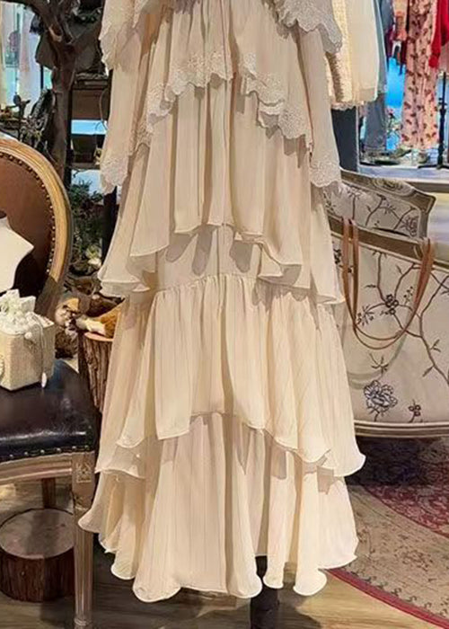Träger Beige Spitze Spaghetti Dress Up Französisch Ärmellos
