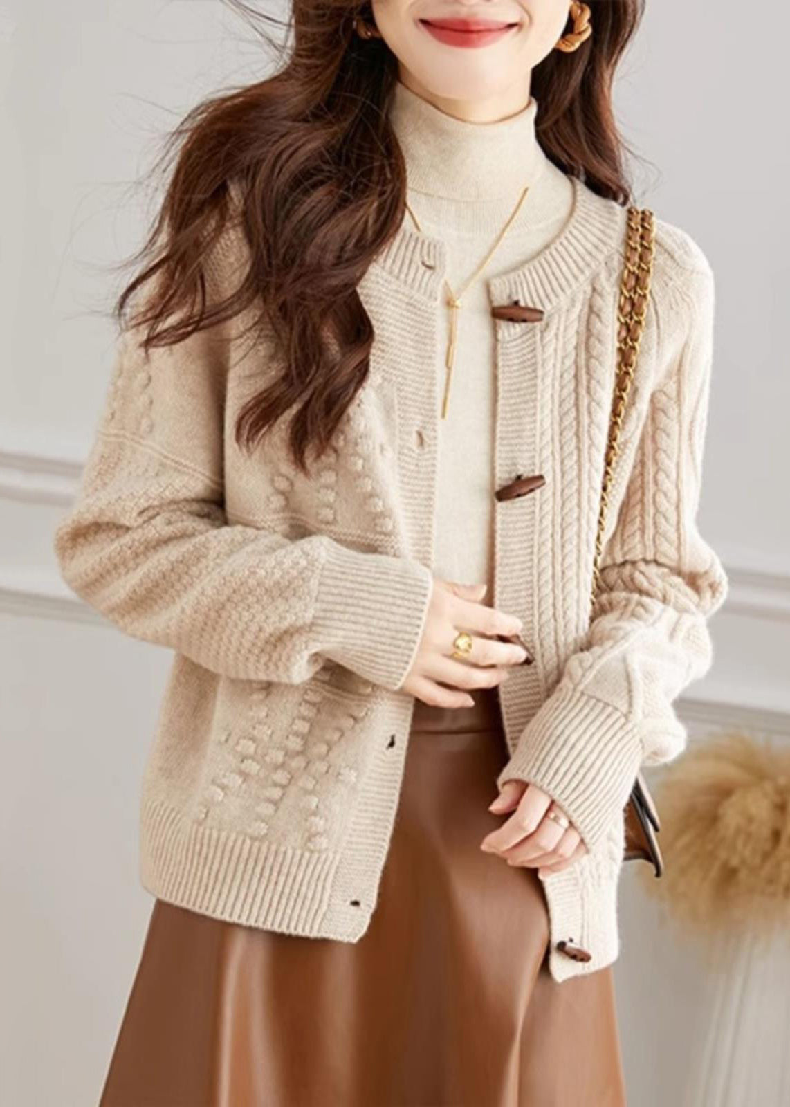 French Beige O Neck Button Cozy Knit Cardigan Fall QI018