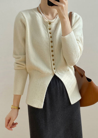 Cardigan en tricot boutonné à col rond beige français Automne WR016