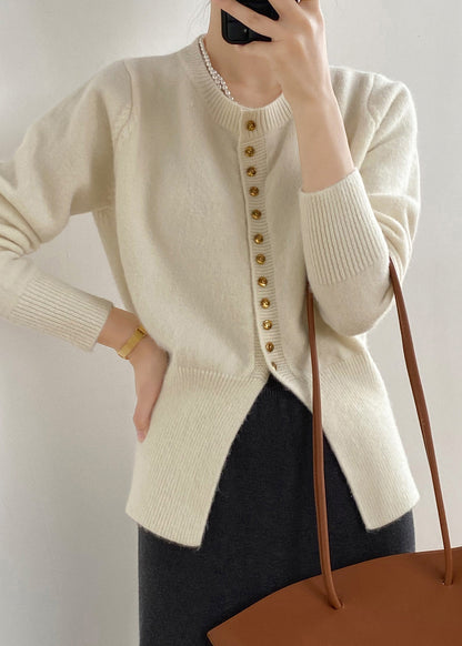 Cardigan en tricot boutonné à col rond beige français Automne WR016