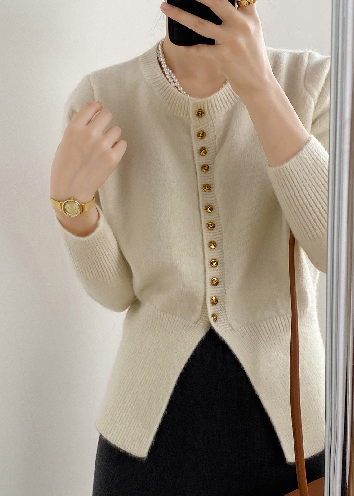 French Beige O Neck Button Knit Cardigan Top Fall WR016