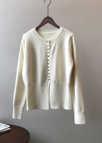 Cardigan en tricot boutonné à col rond beige français Automne WR016