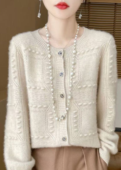 Cardigan en laine jacquard beige à col rond, printemps TQ021