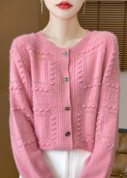 Cardigan en laine jacquard beige à col rond, printemps TQ021