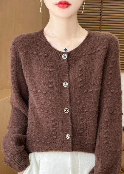 Cardigan en laine jacquard beige à col rond, printemps TQ021