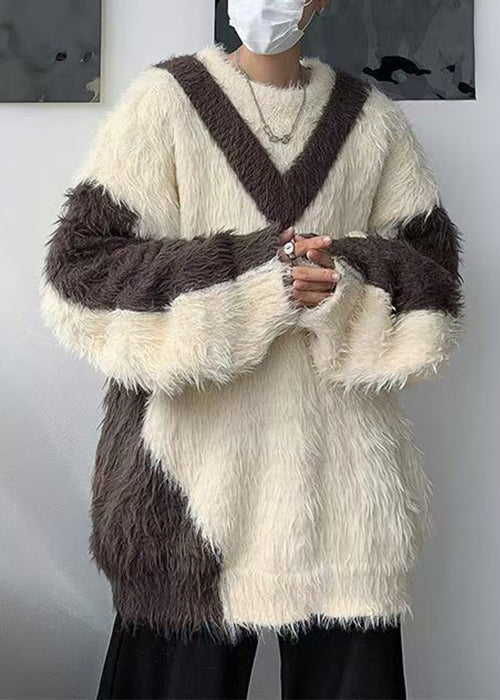 Französisch Beige O-Ausschnitt Patchwork Nerz Samt Herren Pullover Winter RC042