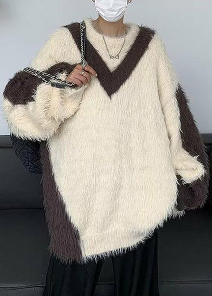 Französisch Beige O-Ausschnitt Patchwork Nerz Samt Herren Pullover Winter RC042