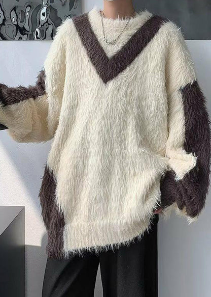 Französisch Beige O-Ausschnitt Patchwork Nerz Samt Herren Pullover Winter RC042