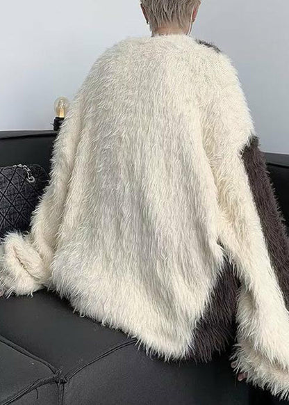 Französisch Beige O-Ausschnitt Patchwork Nerz Samt Herren Pullover Winter RC042