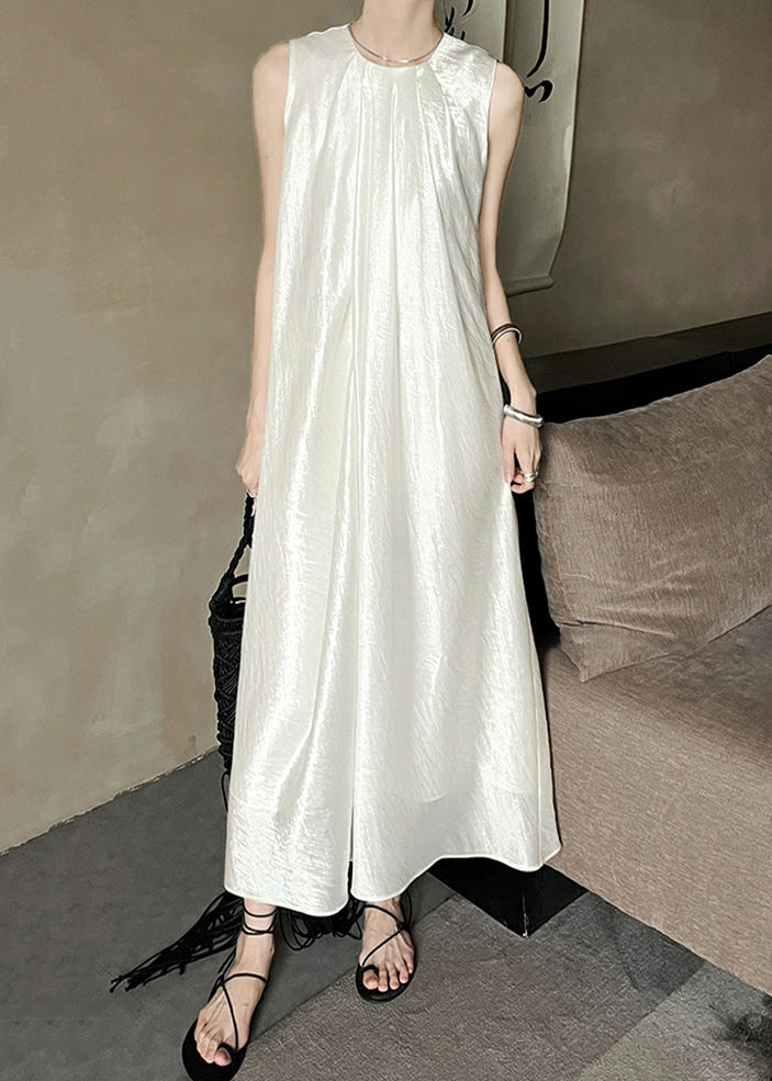 O Beige Sleeveless Dresses Long Solid Silk Neck French