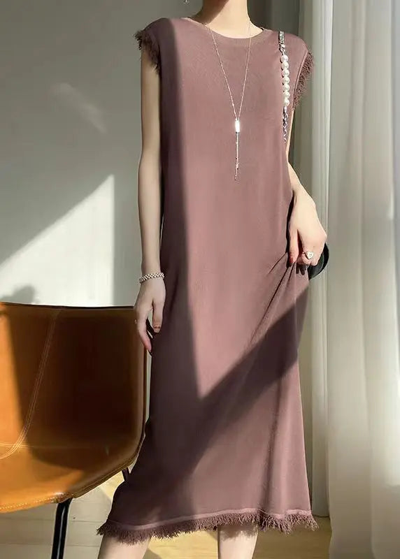 French Beige O-Neck Tasseled Ice Silk Knit Dress Sleeveless Ada Fashion