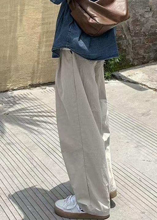 Pantalon en coton beige pour homme, taille élastique, poches, style français, uni, été