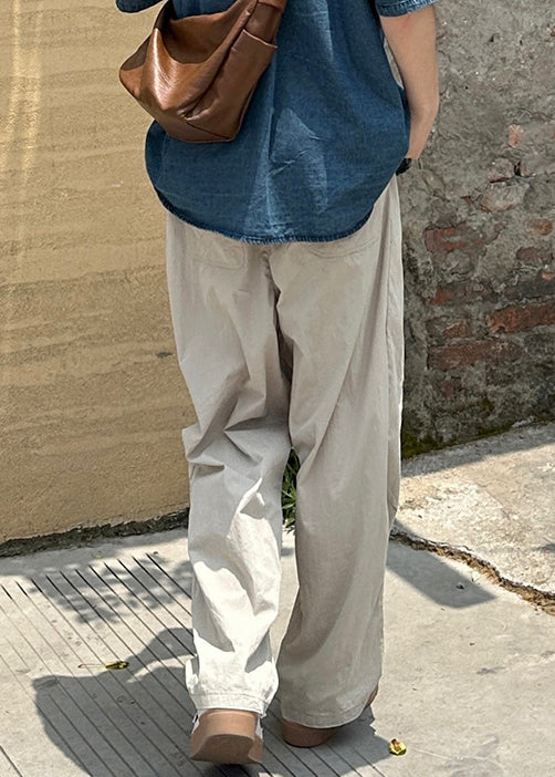 Pantalon en coton beige pour homme, taille élastique, poches, style français, uni, été