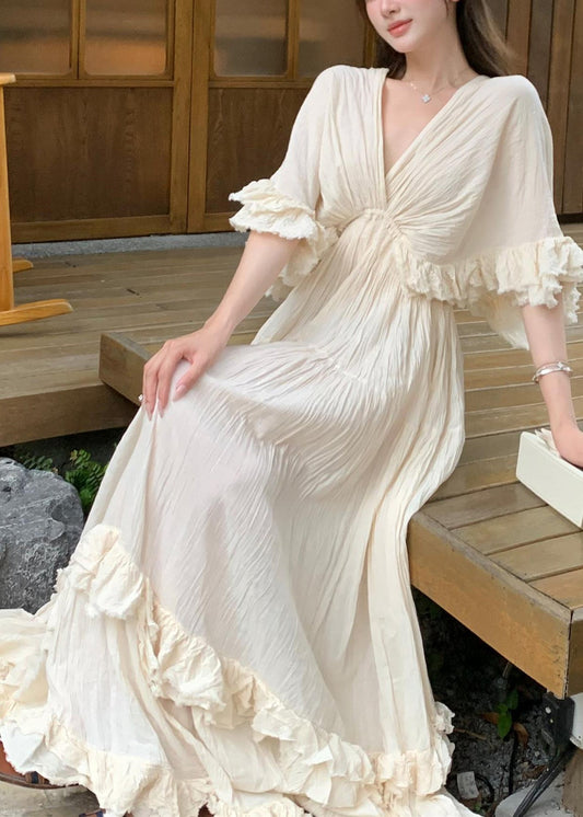 Robes en coton beiges d'été à volants patchwork longues françaises