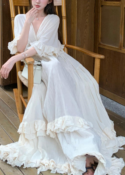 Robes en coton beiges d'été à volants patchwork longues françaises