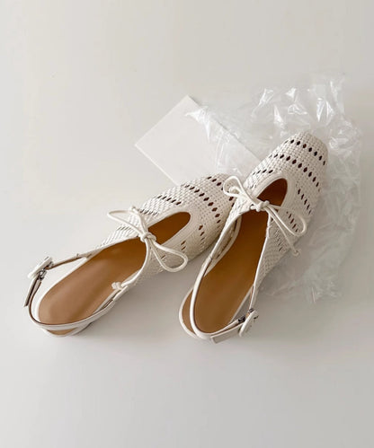 Sandales en peau de mouton française beige avec nœud et épissure creuse