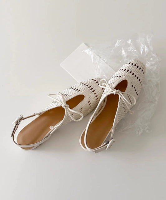 Sandales en peau de mouton française beige avec nœud et épissure creuse