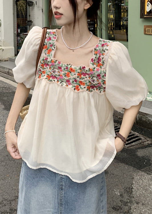 French Beige Square Collar Embroidered Shirts Puff Sleeve OP1046