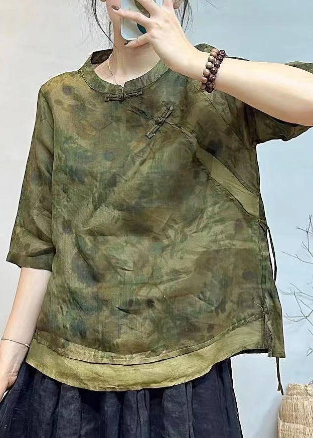 French Beige Stand Collar Button Print Linen Shirt Half Sleeve GG014