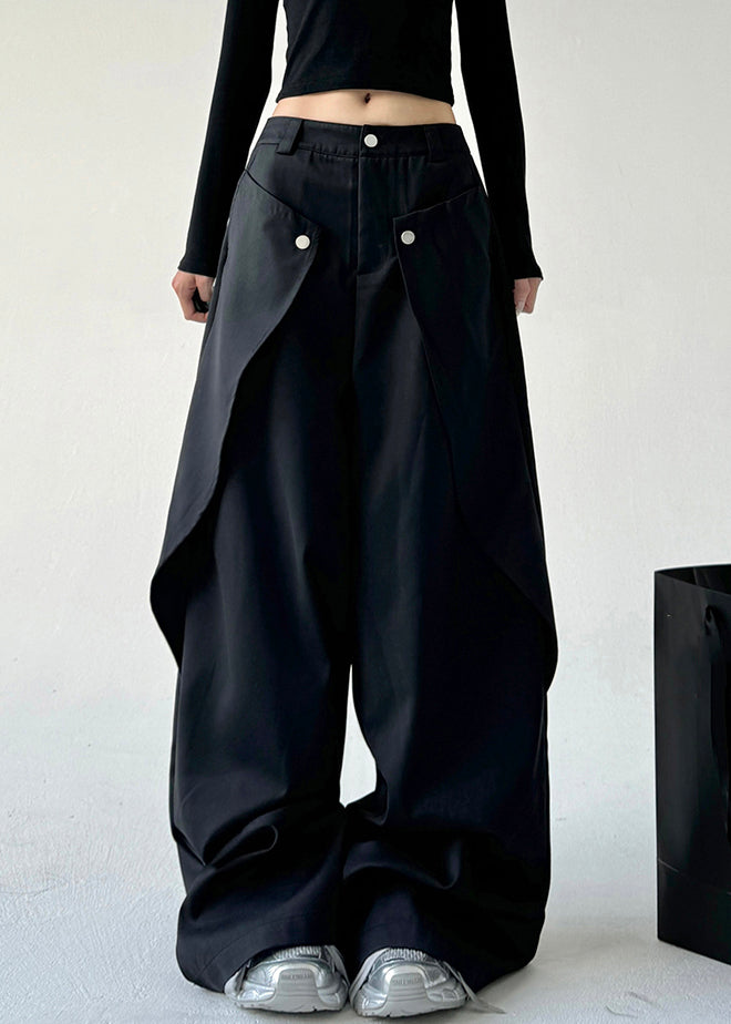 French Black Asymmetrical Pockets Draping Straight Pants Spring TA059