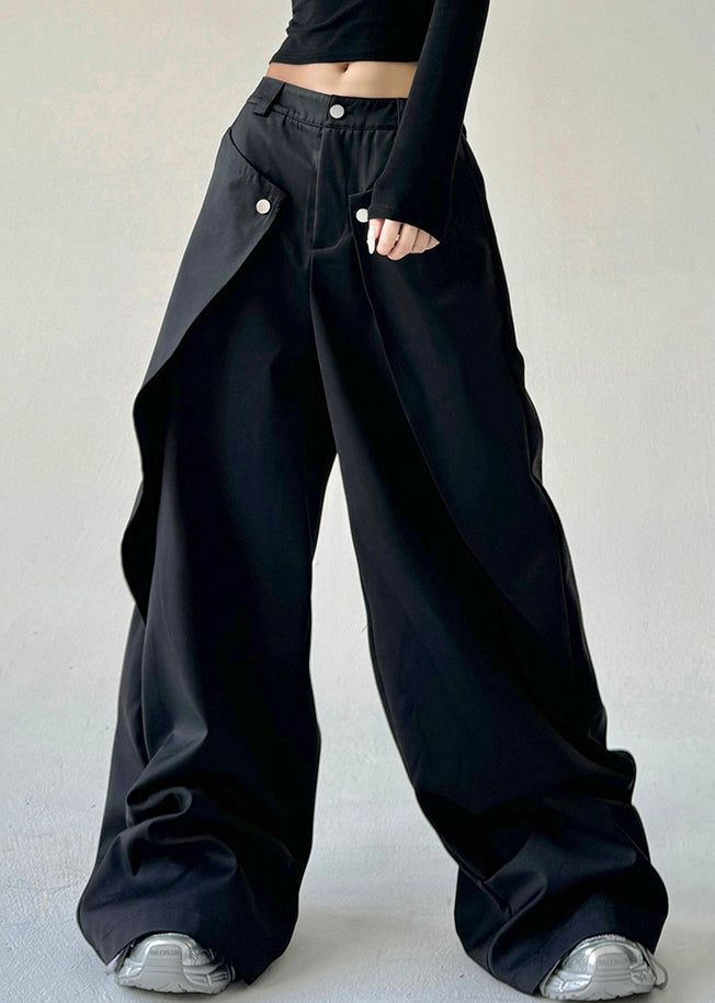 French Black Asymmetrical Pockets Draping Straight Pants Spring TA059