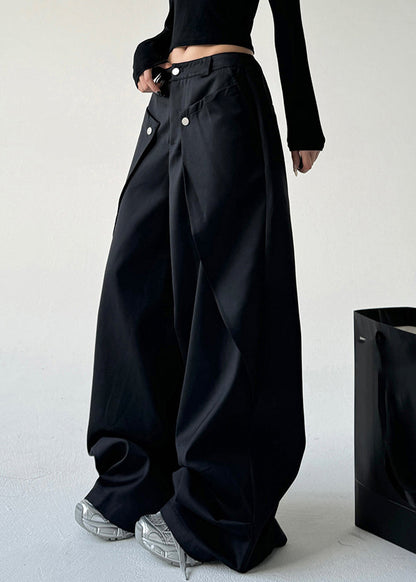 French Black Asymmetrical Pockets Draping Straight Pants Spring TA059