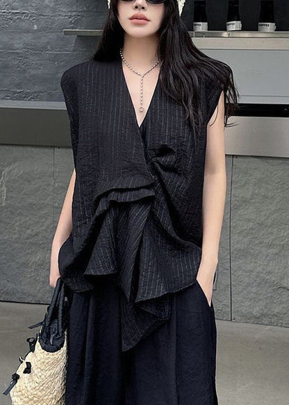 Ärmelloses asymmetrisches gestreiftes Tanktop aus Baumwolle Schwarz French