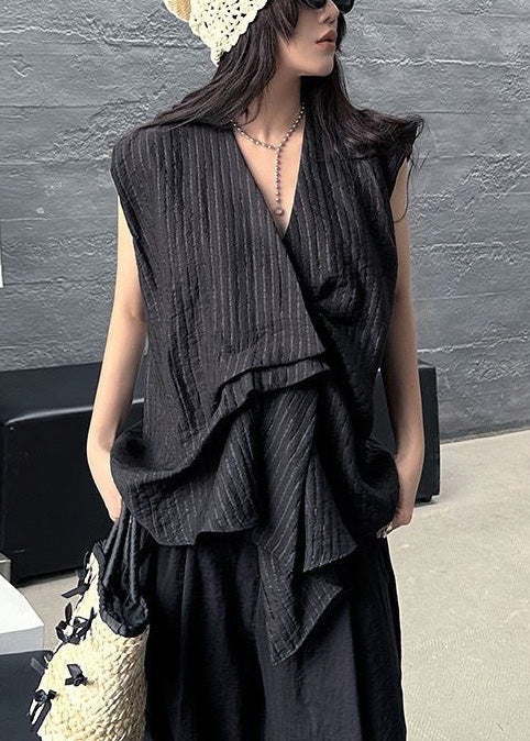 Ärmelloses asymmetrisches gestreiftes Tanktop aus Baumwolle Schwarz French