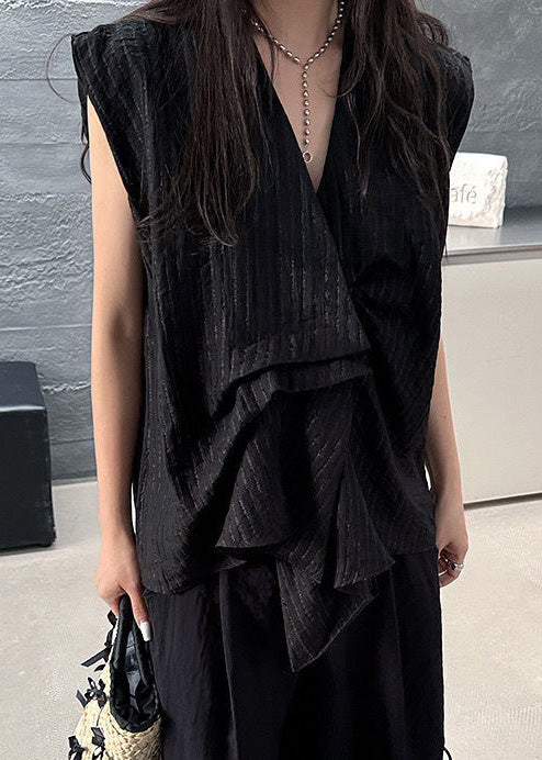 Ärmelloses asymmetrisches gestreiftes Tanktop aus Baumwolle Schwarz French