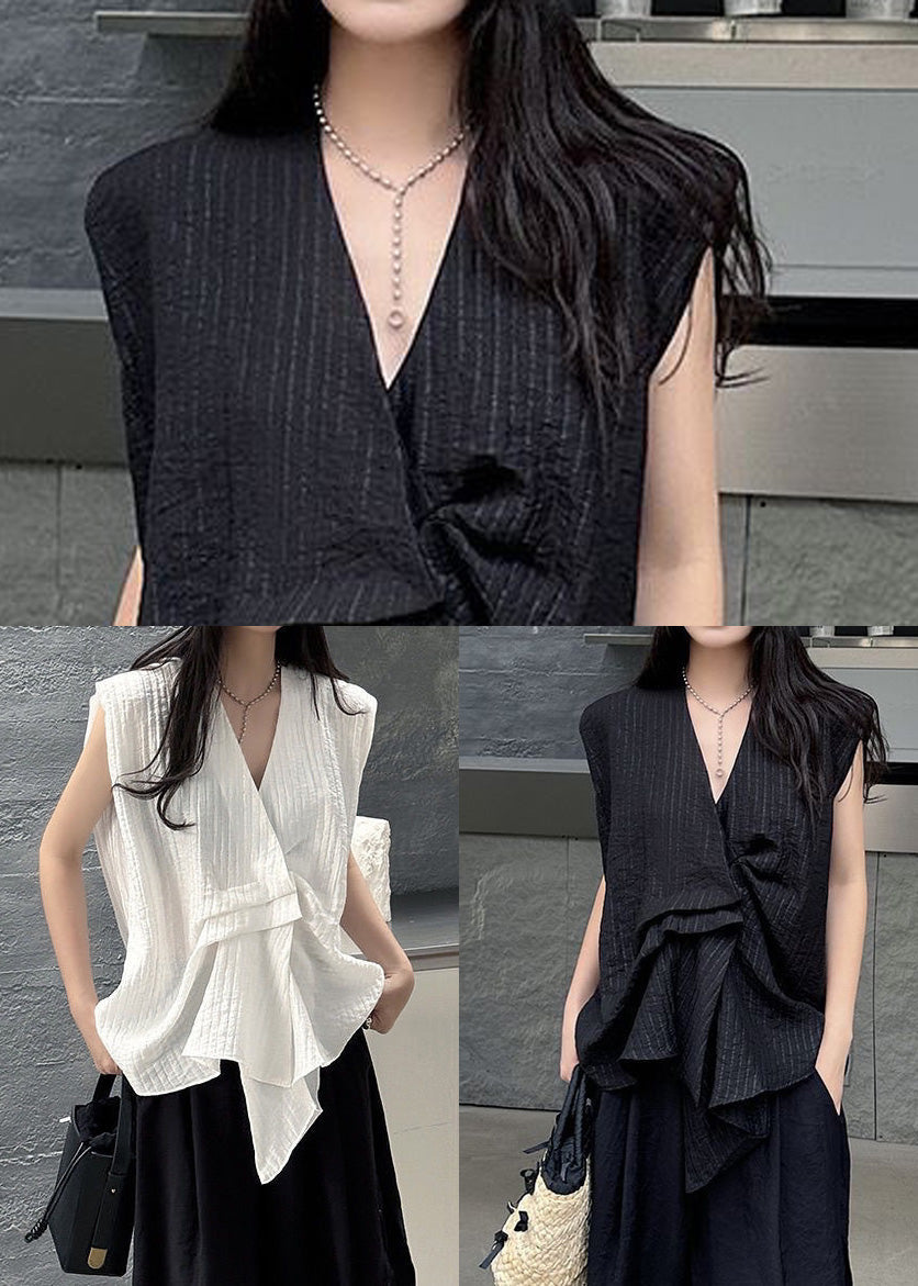 Ärmelloses asymmetrisches gestreiftes Tanktop aus Baumwolle Schwarz French