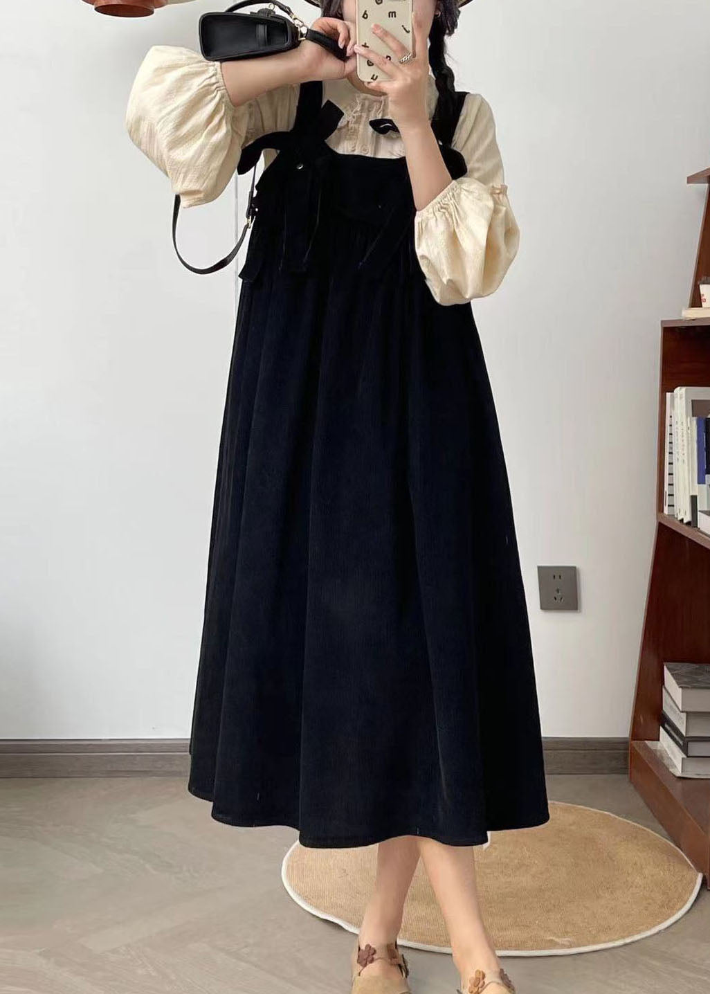 French Black Bow Corduroy Shoulder Strap Dresses Summer FF013