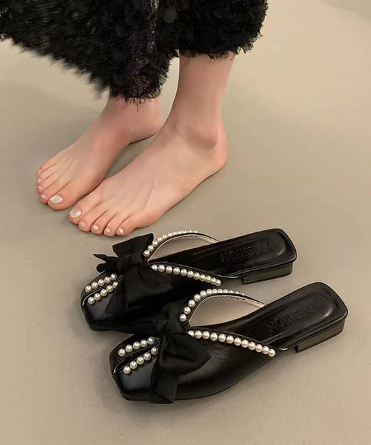 French Black Bow Nail Bead Splicing Slide Sandals XC1033