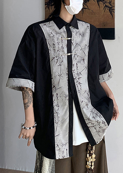 French Black Button Print Patchwork Cotton Men Shirt Summer YT080