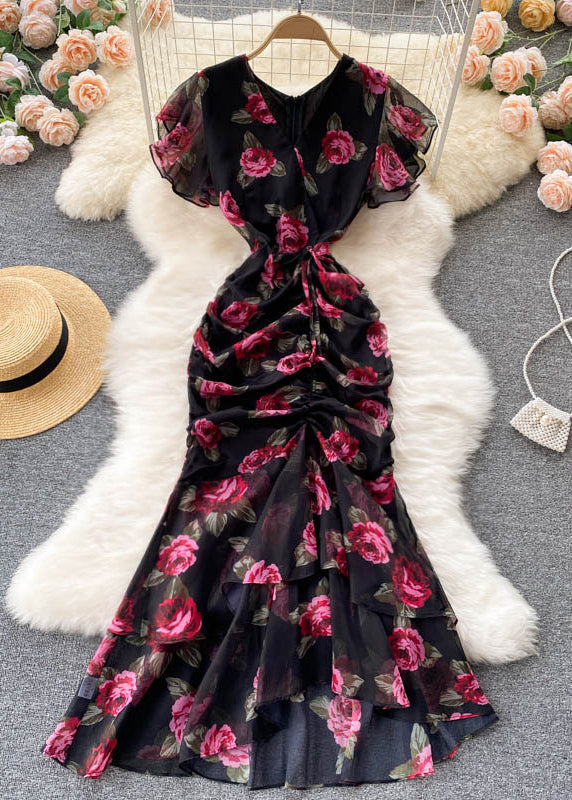 Französisches schwarzes Chiffon-Langkleid mit Print für den Sommer TR024