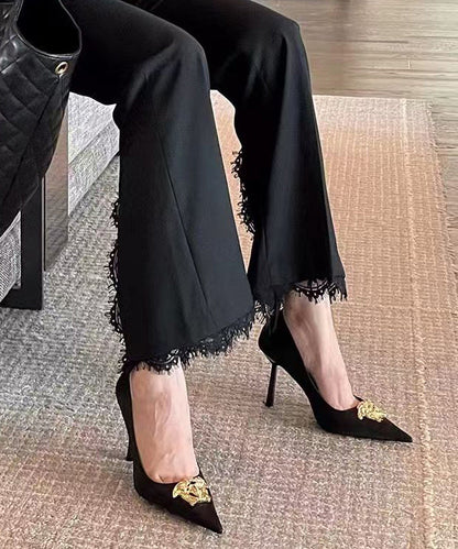 Spitz Splicing Toe French Heels Leder Schwarz Hohe Kunstleder