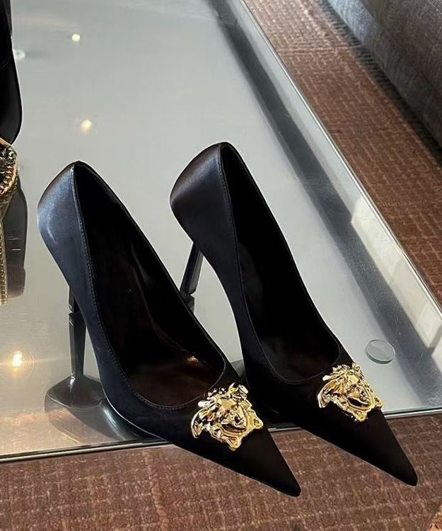 Spitz Splicing Toe French Heels Leder Schwarz Hohe Kunstleder