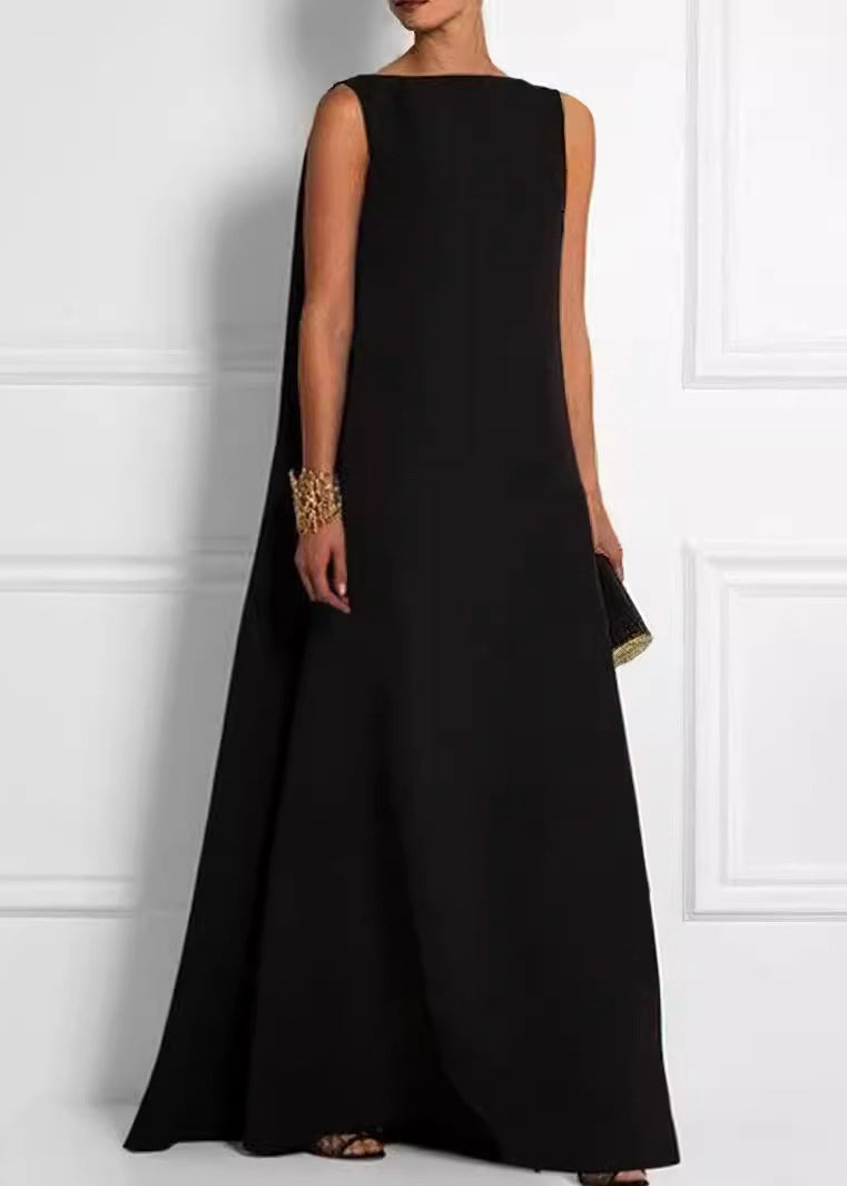 Schwarzes französisches Kleid mit hohem Knöchel, Baumwolle, ärmellos, feste Taille